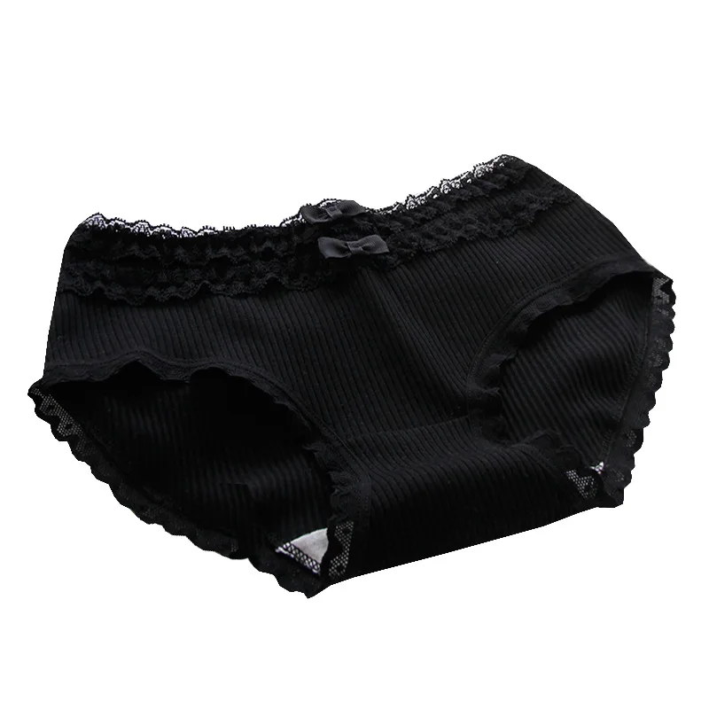 2022 New Lace Edge Girls Panties Japanese Pure Black Cotton Mid-waist Women\'s Underwear Female Lolita Seamless Briefs Underpants