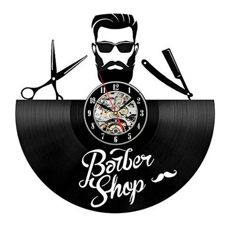 Barber Shop Wall Clock Modern Barbershop Decoration Vinyl Record Wall Clock Hanging Hairdresser Wall Watch for Barber Salon