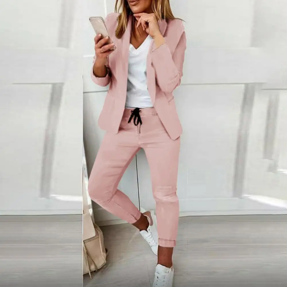 Ladies 1 Set Attractive Open Stitch Blazer Elastic Waist Trousers Autumn Winter Formal Suit Set Long Sleeve   for Office