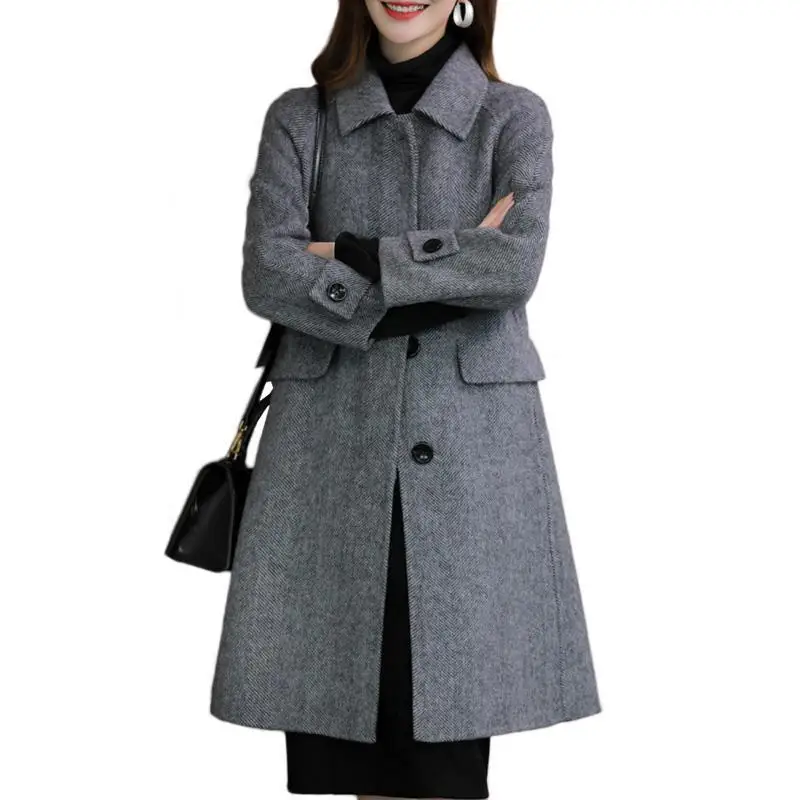 

Mid-Length Herringbone Tweed Coat for Women, Loose Woolen Suit, Raglan Sleeves, Mixed Gray, Spring, Autumn, OL