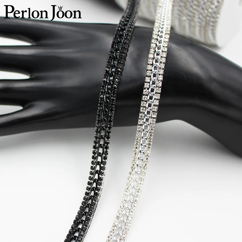 1 yard black and white rhinestone chain trim combination belt ironing on clothes, bags and shoes accessories decoration TR151