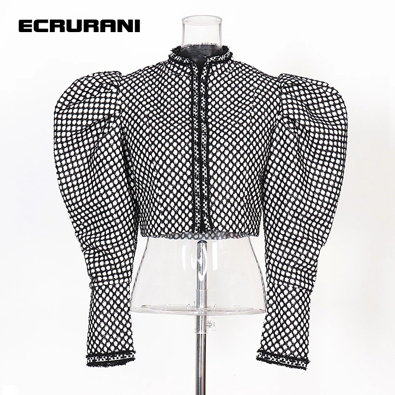 ECRURANI Print Patchwork Coats For Women O Neck Puff Long Sleeve Hit Color Casual Jackets Female Fashion Clothing 2021 New Style