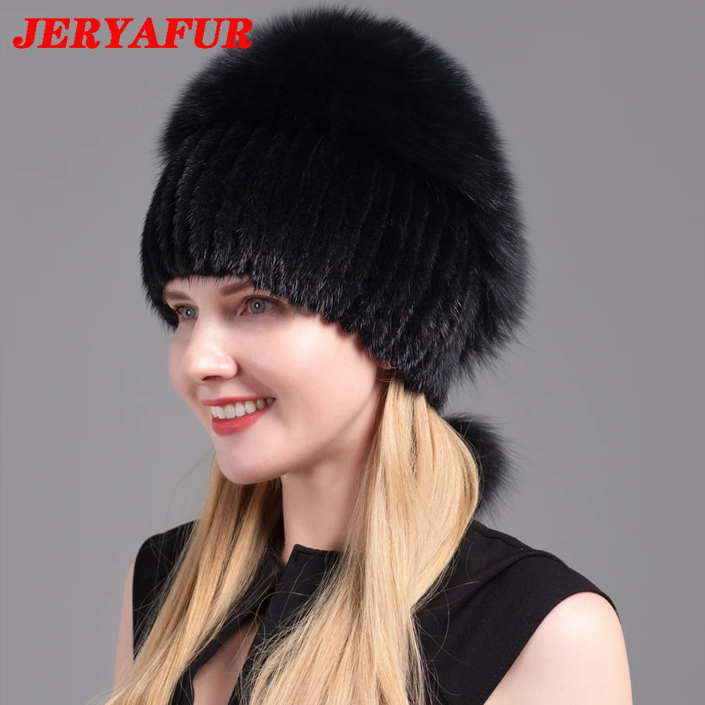 JERYAFUR Women\'s Fur Hats Fluffy Winter Warm Knitted Natural Mink Fur Hats Fashion Top Hats Women\'s Natural Fur Hats