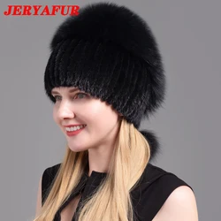 JERYAFUR Women's Fur Hats Fluffy Winter Warm Knitted Natural Mink Fur Hats Fashion Top Hats Women's Natural Fur Hats