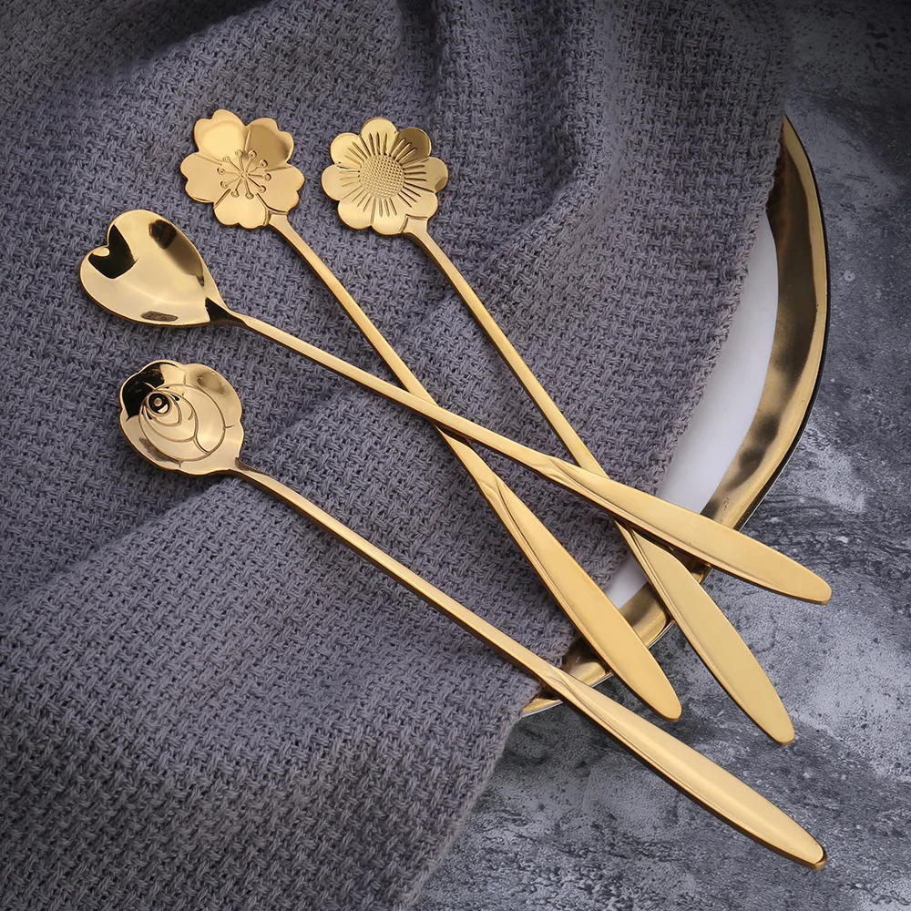 6pcs Gold Flower Stainless Steel Coffee Spoons Set Tea Spoon Honey Dessert Scoop Long Handle Teaspoon Cafe Tableware Coffeeware