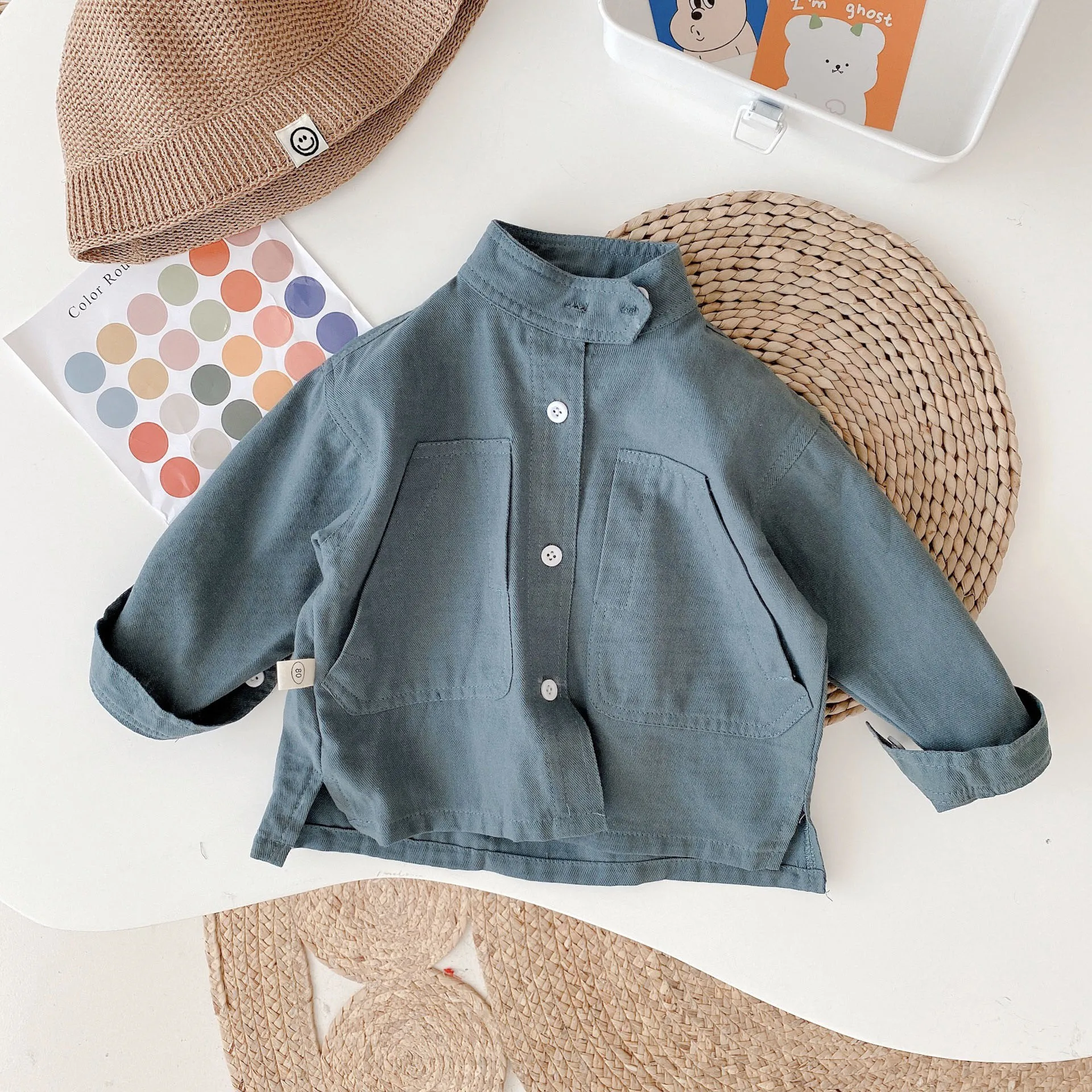 Children'S Shirt Personality Stitching Pocket Clothes Spring Autumn New Boys Girls Solid Color Stand-Up Collar Shirt Baby Jacket