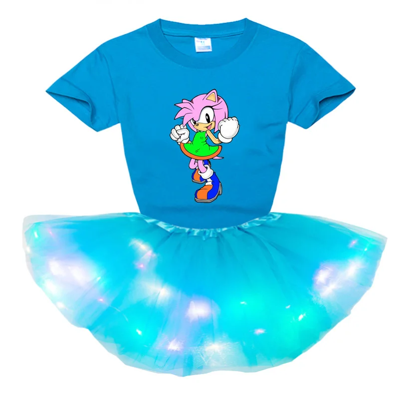 girls sets dress princess T Shirt +Tutu Dress 2pcs Girl Summer Princess Suit Set Toddler Light LED Party Dress Children Clothing