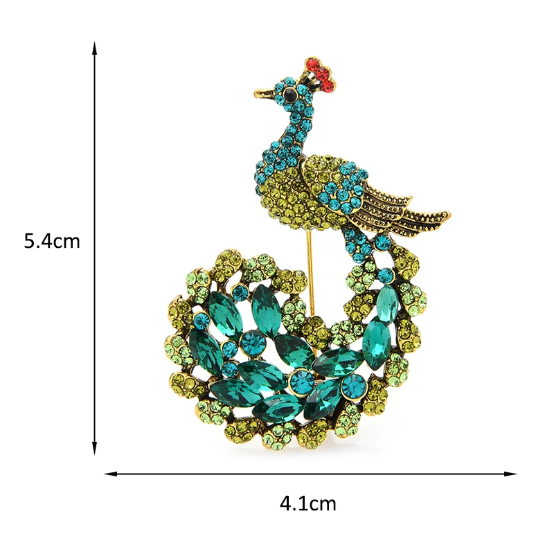 Wuli&baby Sparkling Peacock Brooches Green Rhinestone Peacock Animal Brooch Pin Jewelry Gift