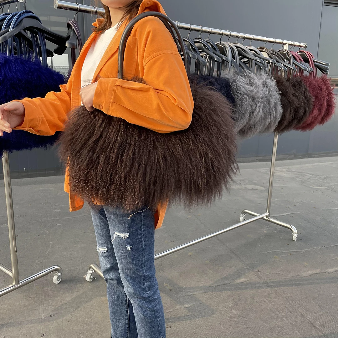 Women\'s Long Handle Shoulder Bag, Elegant, Real Mogolian Fur, Autumn, Winter, Spring