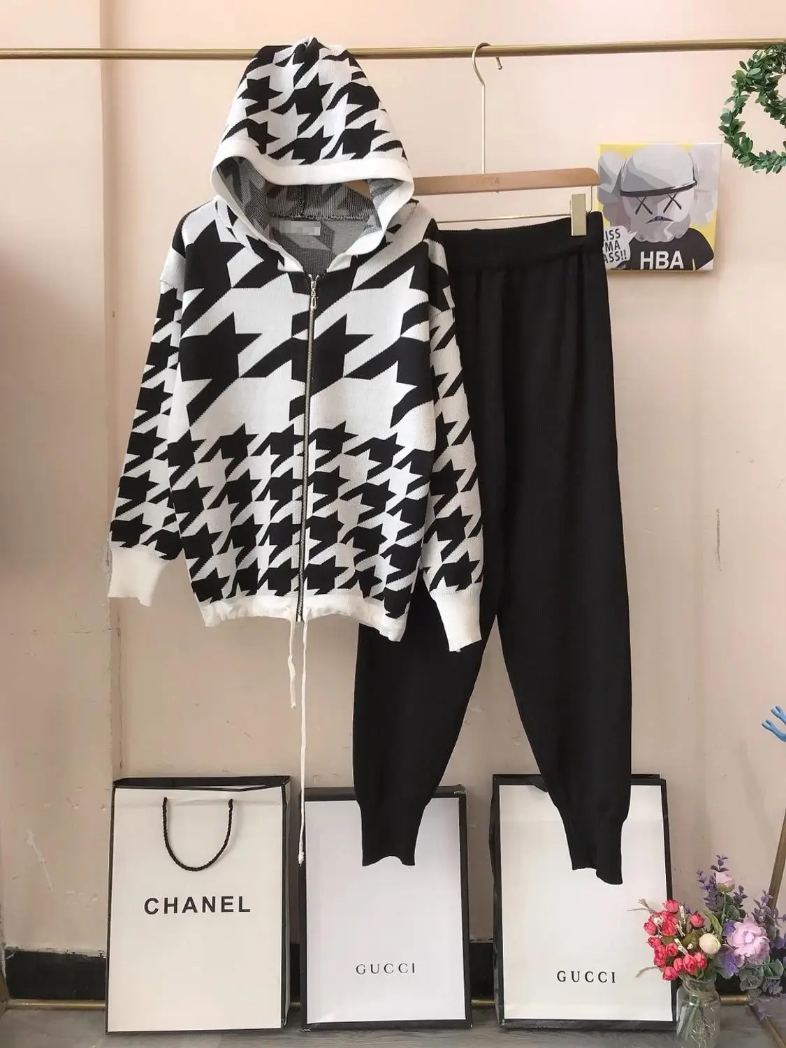 ALPHALMODA Nieuwe Stijl Plaids Capuchon Trui Jas + Broek Vrouwen Winter 2 stks Trendy Pak Rits Jumper Losse Top + broek Pak