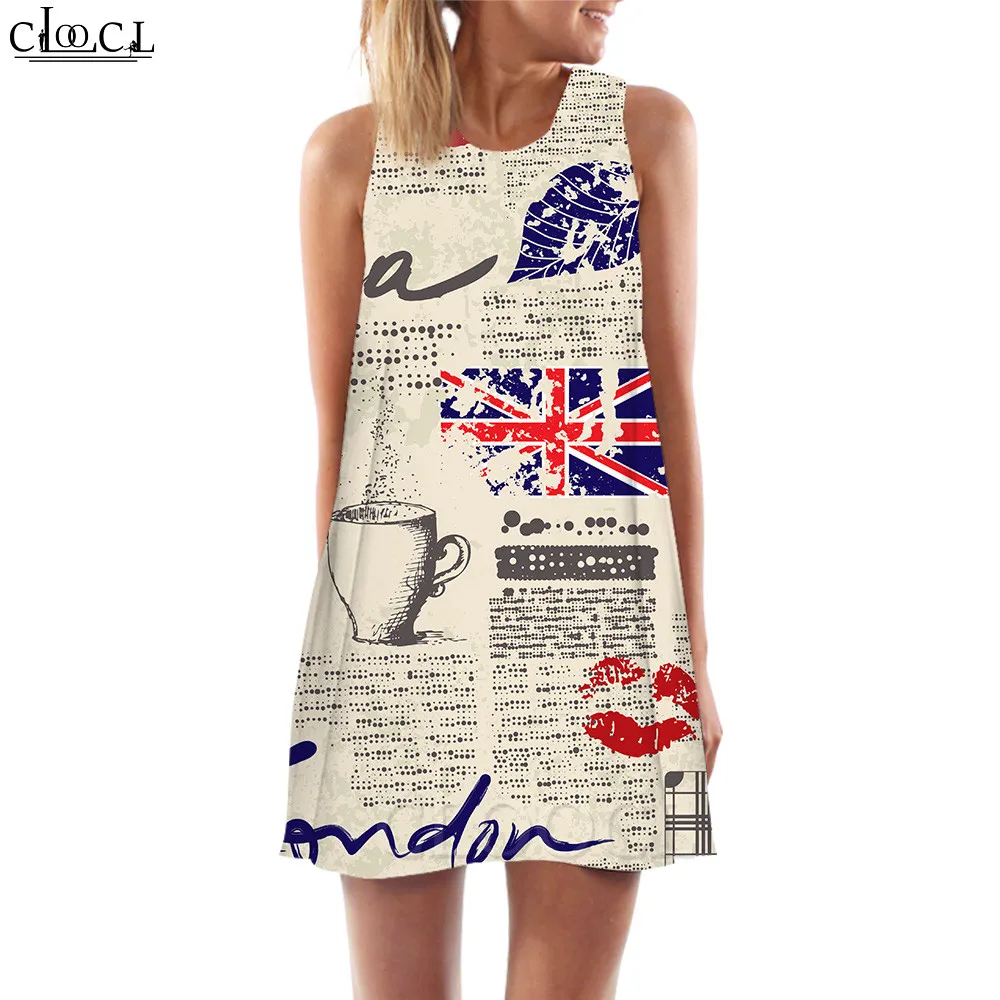 

CLOOCL Women Tank Tops Retro Vintage Newspapers 3D Print British Flag Loose Dress Sexy Mini Short Party Female Vest Dress