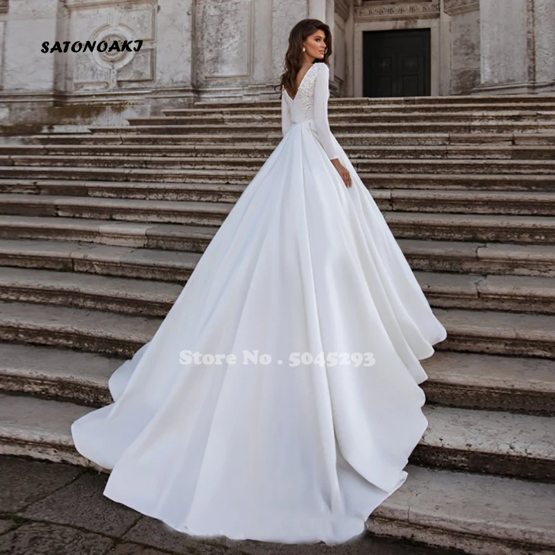 Vestidos De Novia Simple Elegant White Satin Long Sleeve Wedding Dress 2024 for Women Princesa Bridal Gown Robe Mariée Custom