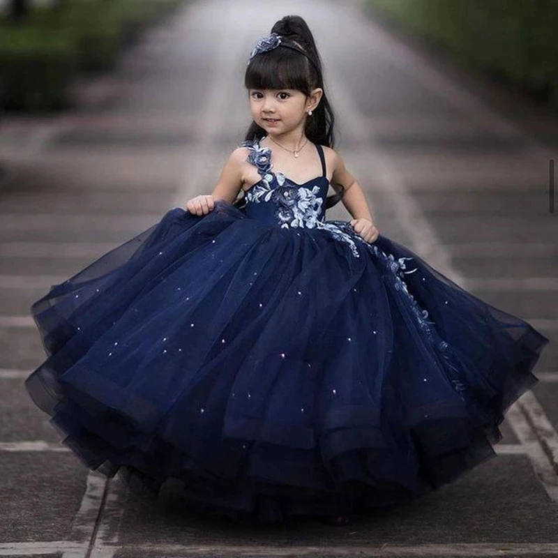 BluNavy-Vestidos azul marino para niña, vestidos de flores con cuentas de encaje, espagueti, tul, Lilttle, vestidos de cumpleaños para niños, vestidos de fiesta para desfile