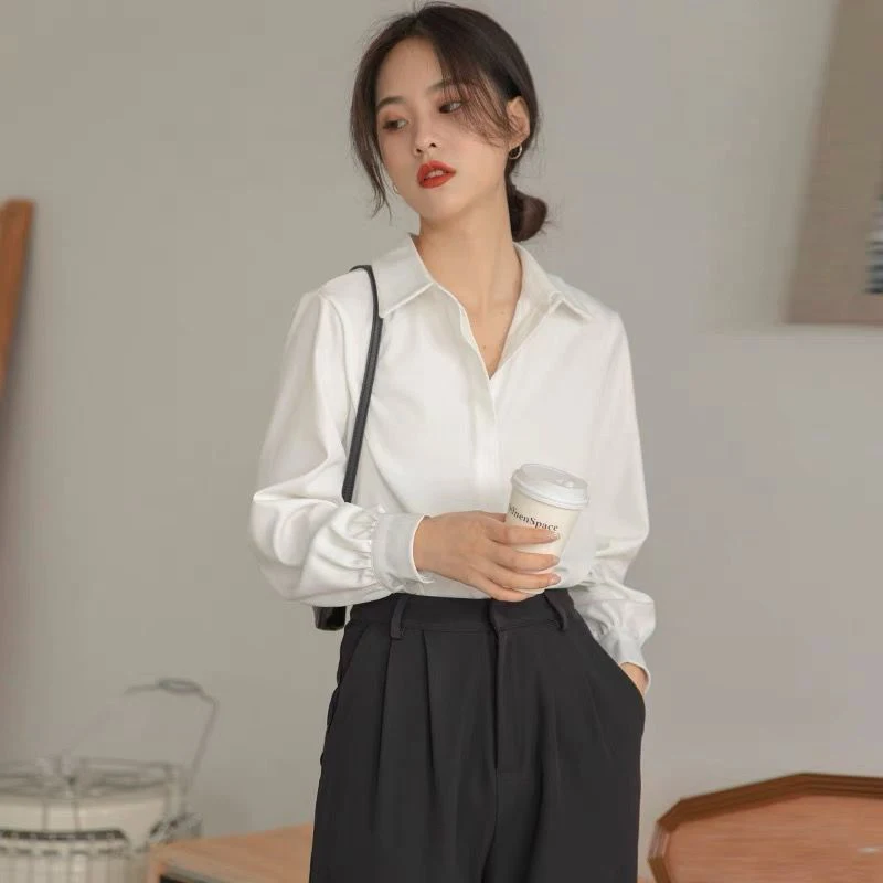 Autumn Women White Shirts Formal Long Sleeve Turn Down Collar Top Solid Business Temperament Black Shirt S-5XL Classic Blouse OL