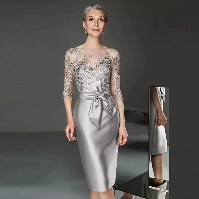 

Knee Length Mother Of The Bride Dresses Sheath 3/4 Sleeves Appliques Short Plus Size Groom Mother Dresses For Wedding