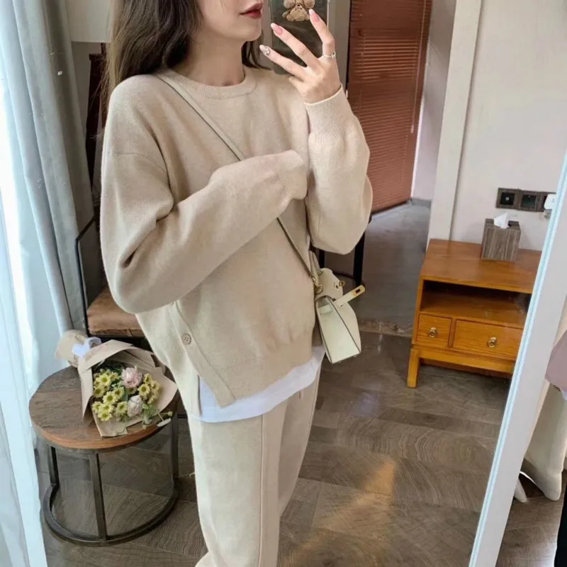 

Women's Sporty 2 Piece Sets Oversized Solid O-Neck Split Hem Knitted Pullover Sweaters Drawstring Leggings Pants Autumn Winter