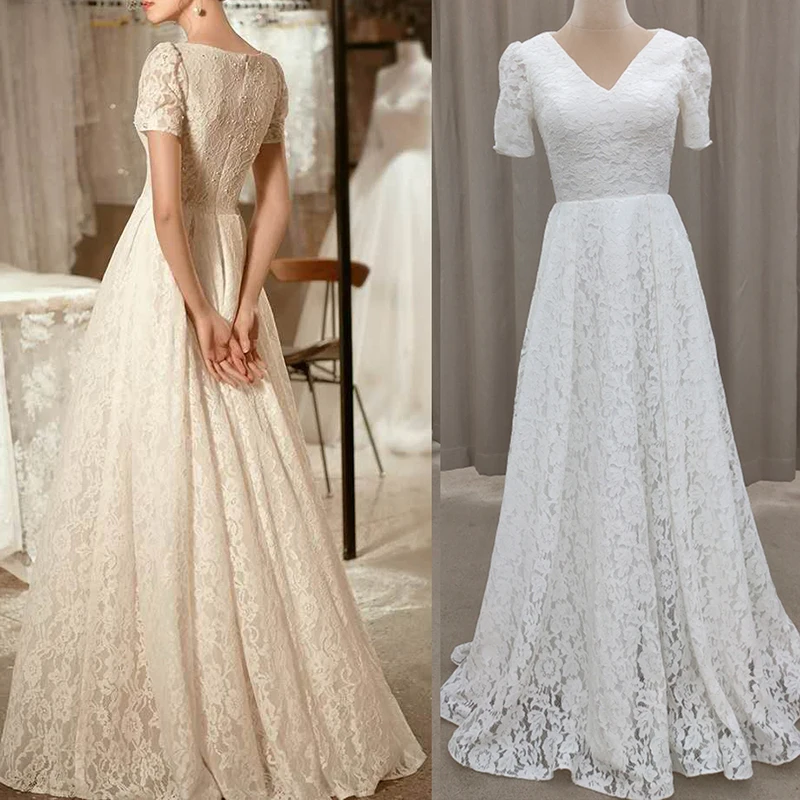 Boho Spitze Kurzen Ärmeln Hochzeit Kleid Perlen Echt Fotos EINE Linie Geschlossen Zipper Zurück V Neck Romantische Maxi Volle Länge brautkleid