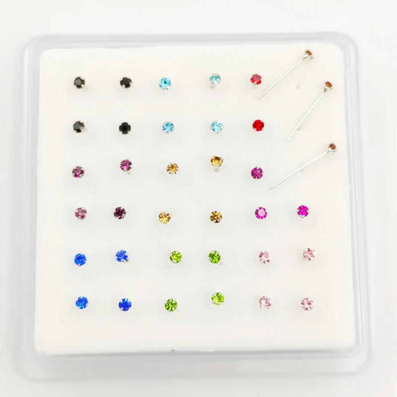 36pcs/pack 925 Sterling Silver Mix-color 2mm Crystal Nose Stud Piercing Nose Pin bone Jewelry