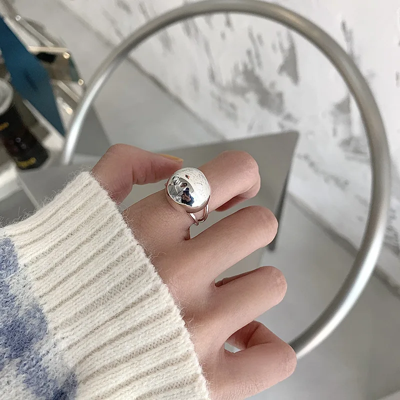 LIVVY Silver Color Large Ball Smooth Rings for Women Vintage Simple Handmade Opening Finger Fashion Jewelry Couple