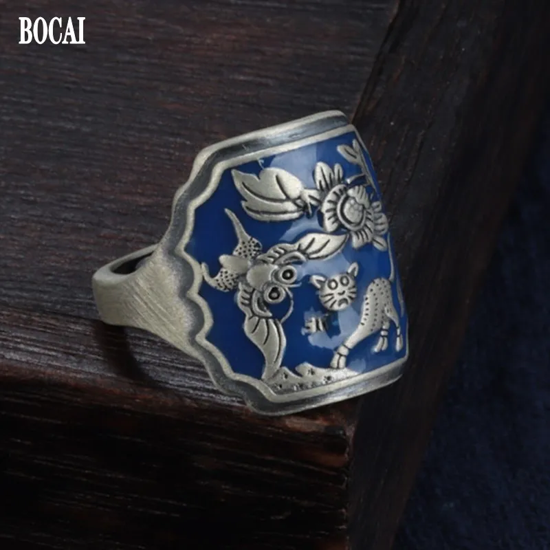 

BOCAI New S925 Sterling Silver Jewelry Burnt Blue Wide Face Trendy Retro Cute Kitten Square Ring