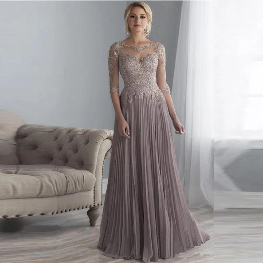 Glamorous Dark Rose Full Length Lace Mother of the Bride Dresses with Three Quarter Sleeves Mother Gowns O Neck