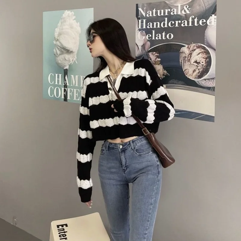 Cropped Pullovers Women 스트라이프 디자인 턴 다운 칼라 All-match Loose Preppy 심플 일본식 봄 소프트 트렌디 세련된 New