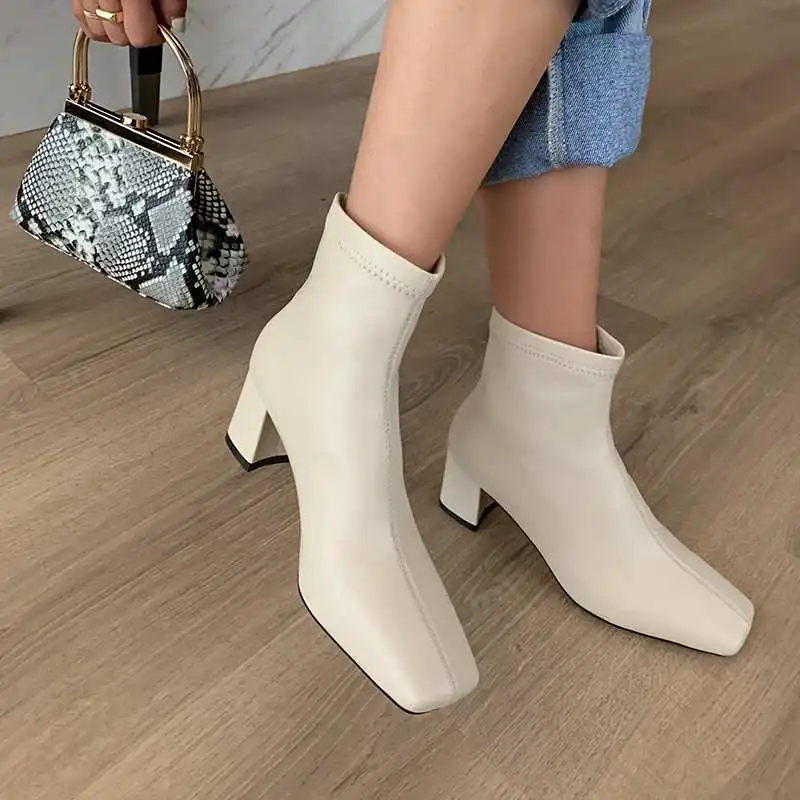 Krazing Pot Microfiber Square Toe Street Wear Chelsea Boots Plus Size 43 Slip On Med Heels Superstar Work Stretch Ankle Boots