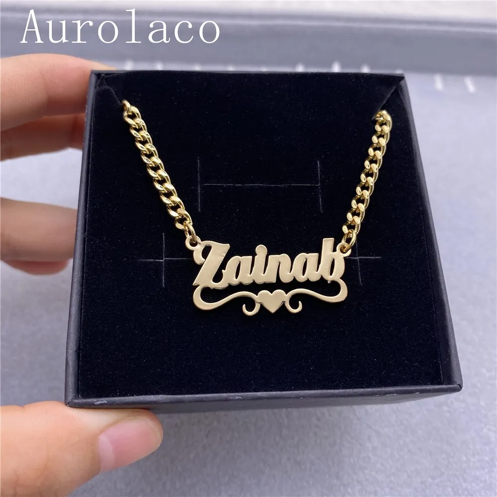 AurolaCo Custom Name Necklace With Heart Stainless Steel Cuban Chain Necklace Custom Letter Choker Necklace For Women