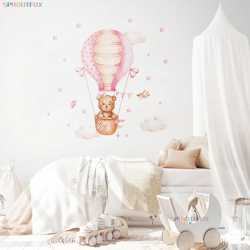 Watercolour Pink Hot Air Balloon Wall Stickers for Baby Nursery Room Decals Baby Girls Pink Bears Cartoon Animals Kids Stickers