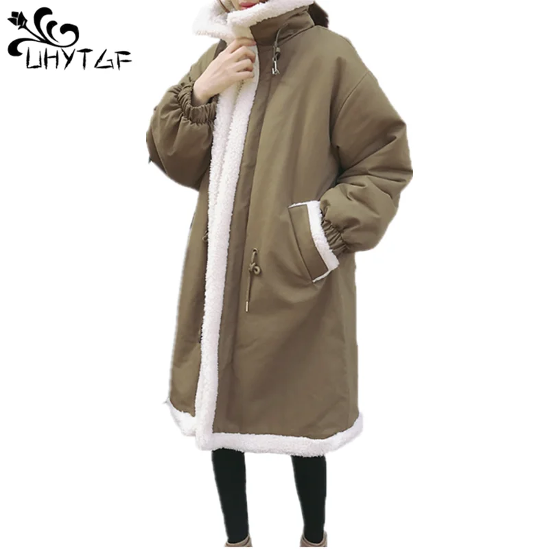 

UHYTGF Autumn Winter Clothes Cotton Jacket For Women Padded Casual Parkas Coat Plush Cotton Long Coat Overcoat Manteau Femme 993