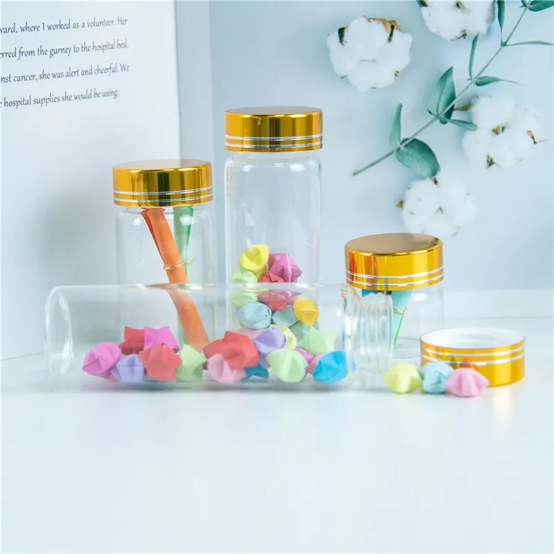 20ml 50ml 65ml 90ml Glass Storage Bottles with Golden Aluminum Cover Empty Gift Bottle Jars Party Decoration 24pcs