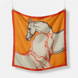 Twill Silk Scarf Woman Horse Painting Square Scarves Wraps Bandana Small Hijab Silk Foulards Tie Headband Neckerchief 53CM