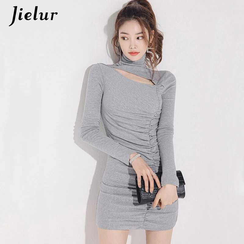 Jielur novo vestido feminino sexy gola alta manga longa bodycon vestido ol chic elegante oco pacote vestidos hip S-XL