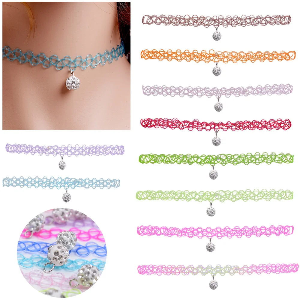 12Pcs/Set Vintage Tattoo Rainbow Chokers Gothic Punk Elastic Hollow Necklace Retro Pendants Women Jewelry Party Wear for Girls