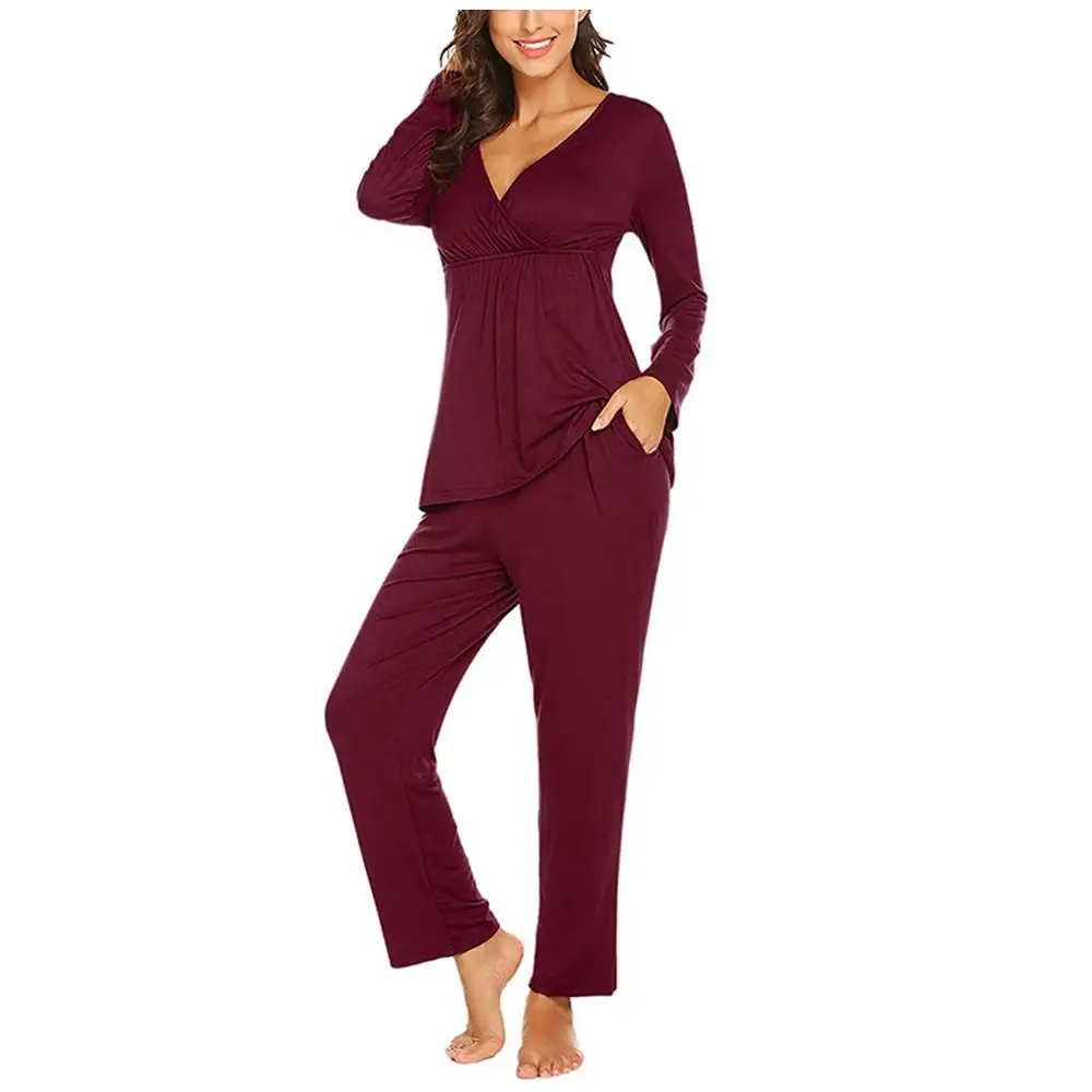 

New Women Maternity Long Sleeve Sets Nursing Baby Tops+Pants Pajamas Suit Solid Loose clothes Female Comfortable Outfits