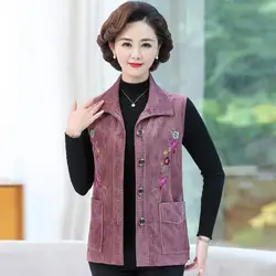 Middle-aged mothers Corduroy Waistcoat Spring Autumn New Plus size Embroidery Sleeveless Outwear Jacket Female Short Vest Coat