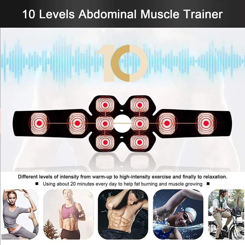 Muscle Stimulator EMS Abs Trainer Fitness Training Gear Abdominal Muscles Toner with USB Rechargeable Workout Equipment Machine