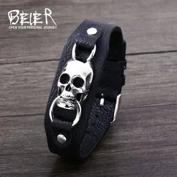 Beier 316L stainless steel Punk Skull Adjustable High Quality Leather Men's Bracelet Party Biker Fashion Jewelry