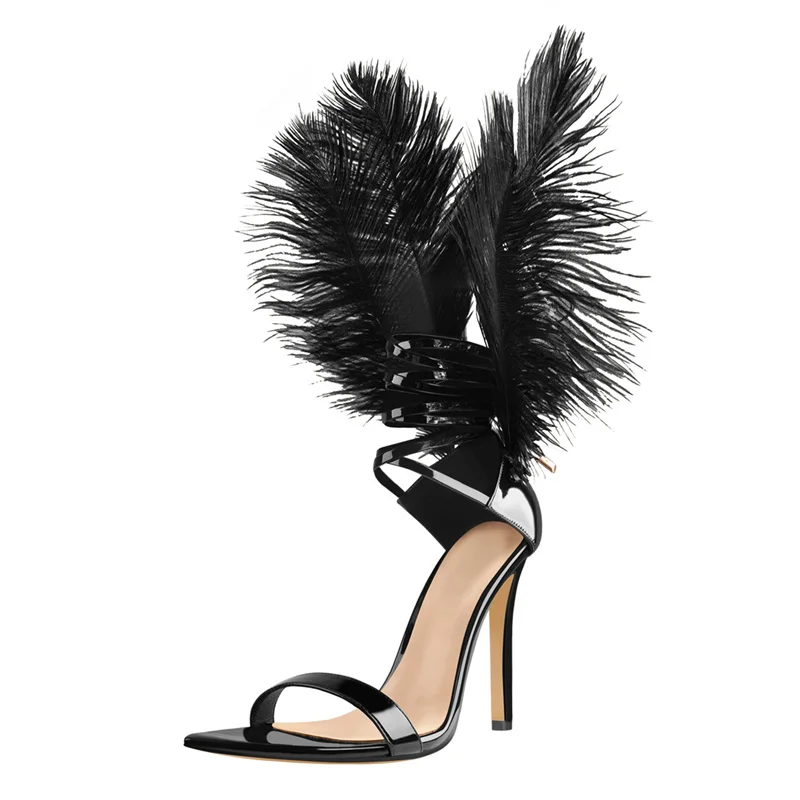 Woman Summer Sandals Performance Black Detachable Feather High Heels Stilettos Ladies Shoes Party Dress Prom Big Size Sandals