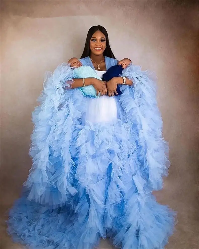 

Sky Blue Plus Size Maternity Dresses Robes Custom Made Long Women Sheer See Through Tulle Prom Evening Gowns