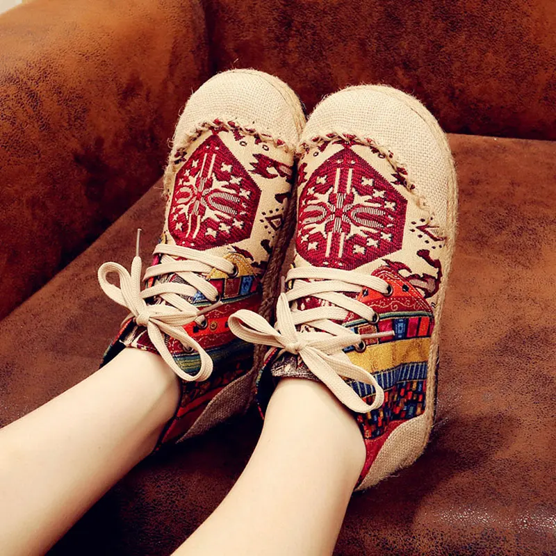 Veowalk High Top Cotton Embroidered Women Casual Linen Flat Shoes Handmade Lace Up Thick Hemp Soled Canvas Sneakers Zapato Mujer