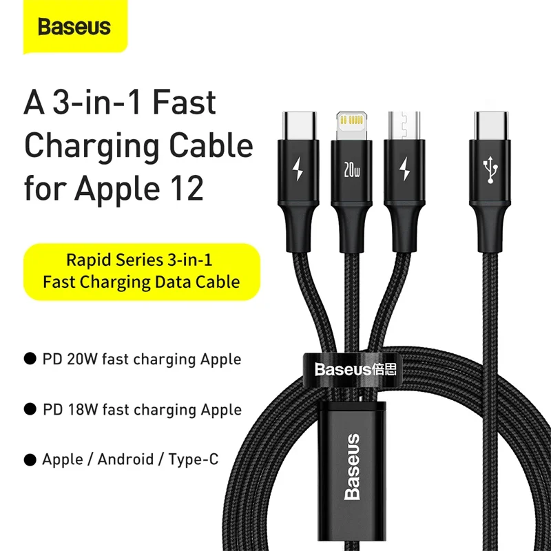 Baseus 마이크로 타입 C 케이블, 샤오미 리얼미 휴대폰 고속 충전기 코드, 3 인 1 USB C 케이블, PD 20W, 아이폰 X 12 11