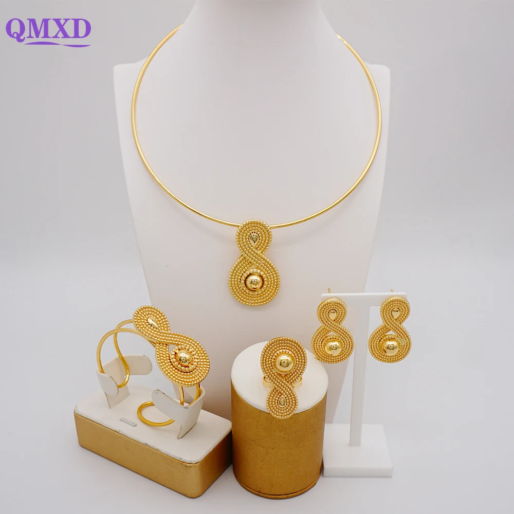 

Luxury Dubai Gold Color Jewelry Sets Unique Jewelry Set For Women African India Party Wedding Necklace Bracelet Earring Sets