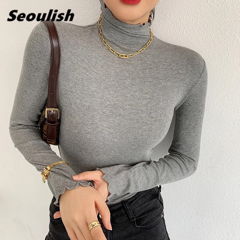 

Seoulish 2021 New Autumn Winter Women's Sweater Elegant Slim Solid Long Sleeve Minimalist Bottom Knitted Female Pullovers Jumper