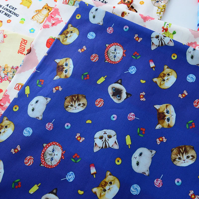 Cat Dog Cartoon Digital Printed Cotton Fabric For DIY Handmade Dolls Clothes Handbag By Half Meter