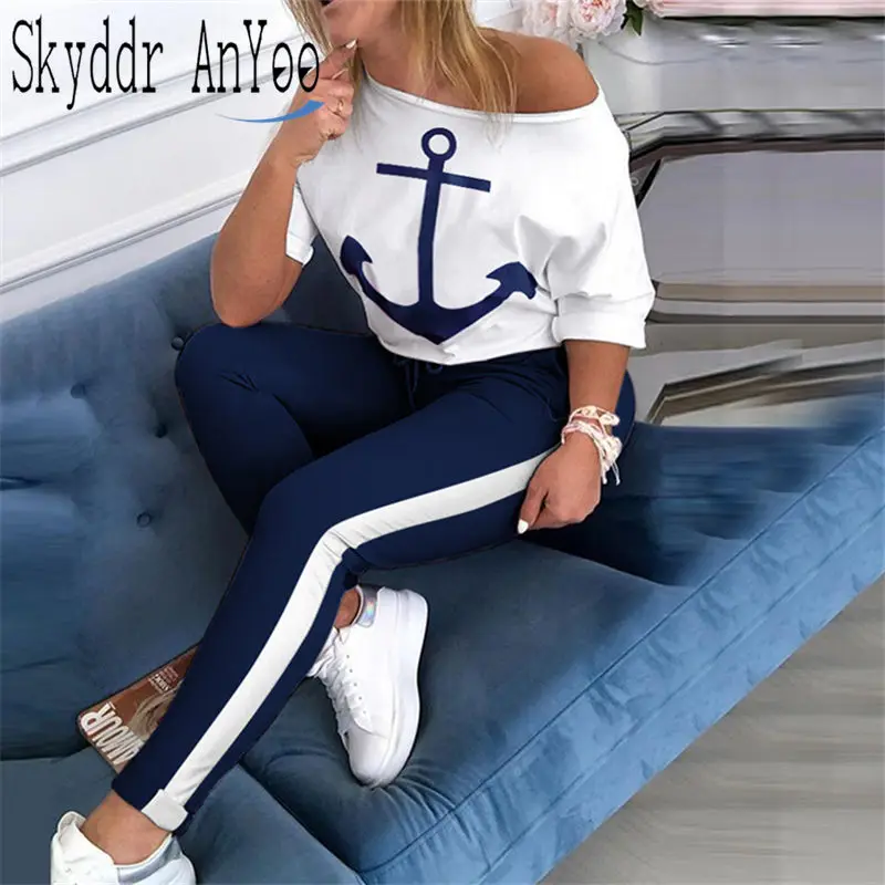 2 Piece Set Tracksuit Women Boat Anchor Print Two Piece Set Top And Pants Femme Clothes Elastic Waist Long Pants Set Lounge Wear