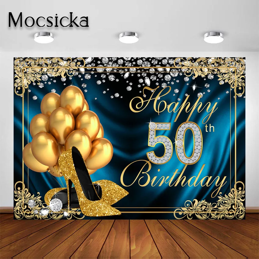 Mocsicka Gold Blue 50th Birthday Party Backdrops Balloons High Heels Women Fifty Birthday Decoration Photocall Photo Shoot