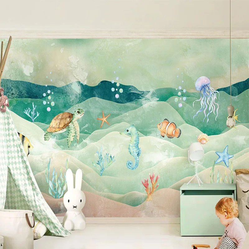 Cutom Mural Wallpaper Cartoon Retro Fish Children Animals Fresco Kids Bedroom Background Wall Decor 3D Stickers