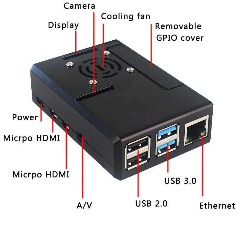 Raspberry Pi 4 รุ่น B ABS สีดำเปลือกพลาสติกใสที่ถอดออกได้ GPIO พร้อมพัดลมระบายความร้อนสำหรับ Raspberry Pi 4