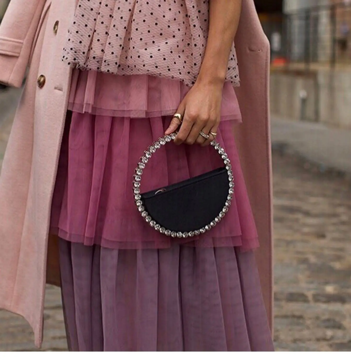 Bolso de noche Circular con diamantes de imitación para mujer, cartera de mano con asa redonda, media luna, 2020